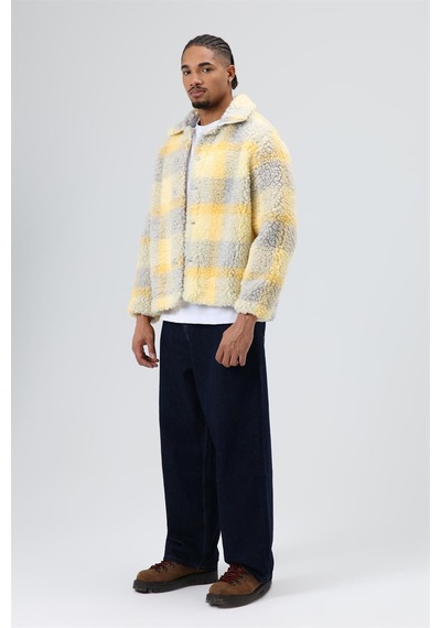 Vamos Oversize Peluş Ekose Ceket Sarı
