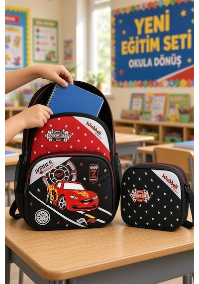 Speedy Car Araba İlkokul Okul Çantası Beslenme Çantası Sırt Çantası 2'li Set 36 X 28 X 20 Cm Çok Renkli