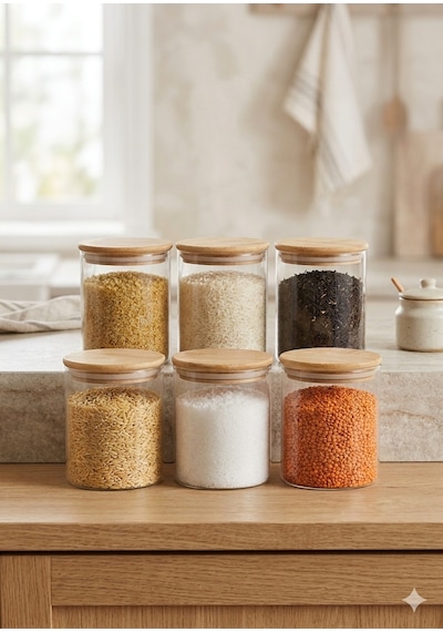 6 Lı Set Uyumlu Bambu Kapaklı Cam Erzak Saklama Kabı 10x12 Cm - Vakumlu Kapak Şeffaf