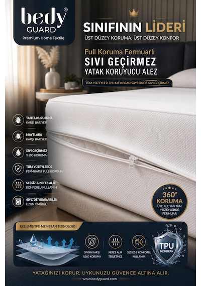 Full Koruma Fermuarlı Sıvı Geçirmez Yatak Koruyucu Alez Yükseklik Tek K.:26cm, Çift K.:35cm Beyaz Beyaz