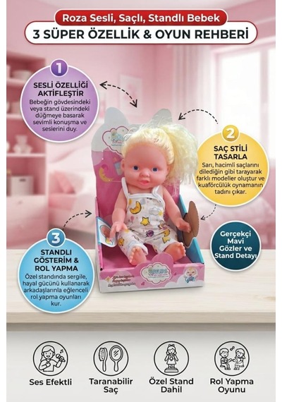 TıfılToys Sesli Oyuncak Bebek Taranabilir Saçlı Özel Standlı Roza Bebek İle Rol Yapma Oyunu 15842988
