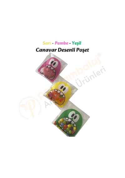 50 Adet Sarı-pembe-yeşil Renkli Canavar Desenli Cake Pop & Kurabiye Poşeti-10x15 Cm