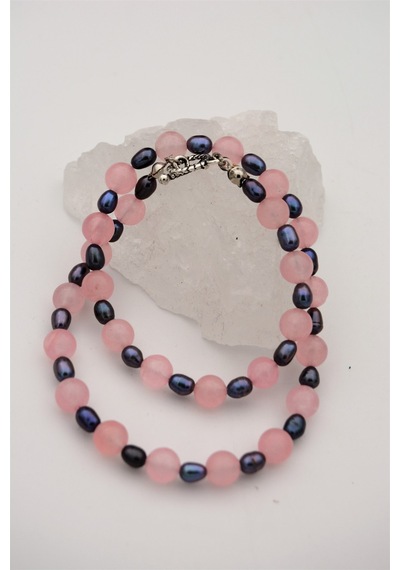 Stoneage Pembe Kuvars Hematit Taşlı T Kilit Şifa  Kolyesi Kahverengi - Siyah