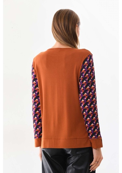 Sistas Kadın Desenli Bisiklet Yaka Uzun Kol Bluz 23592 Camel