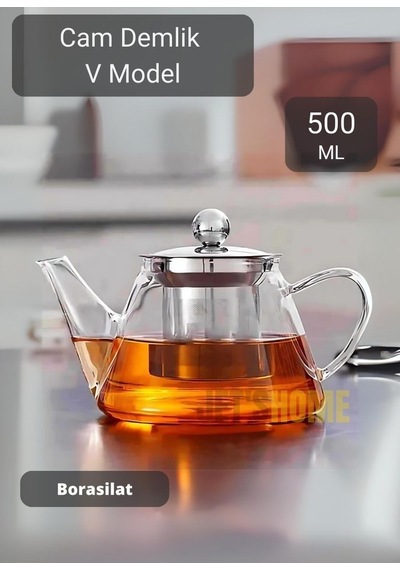 Cam Demlik V Model Bitki Çayı Demliği Çelik Süzgeçli Isıya Dayanıklı Borosilikat 500 Ml Şeffaf