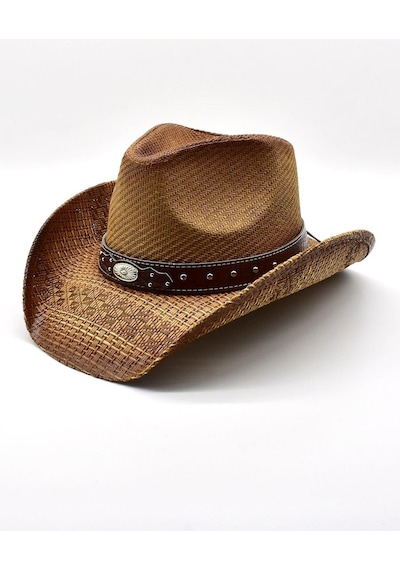 Külah Deri Şeritli Zımbalı Hasır Şapka Premium Classic Western Festival Beach Rave Hat - Standart Taba