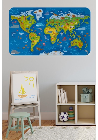 Eğitici Dünya Haritası Dünya Atlası Çocuk Ve Bebek Odası Duvar Sticker-60x105-3774 - Renkli Çok Renkli