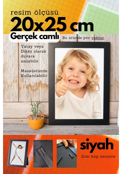 Siyah-20mm Çerçeve Camlı 20x25 Cm Fotoğraf Resim Çerçevesi Ayaklı Veya Duvara Asma Yatay-dikey 67261304