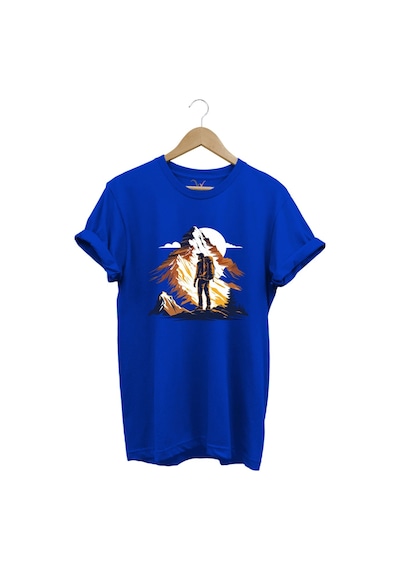 Mountain Dağ Yürüyüşü Ve Kar Manzara Baskılı %100 Pamuk Unisex Regular Fit T-shirt Mavi