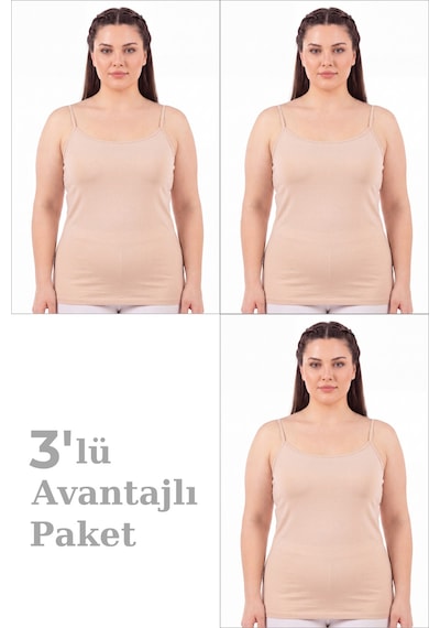 Arma Yıldız Kadın Büyük Beden İp Askılı Atlet Pamuklu Likralı Yumuşak Esnek Kumaş 3'lü Paket Ten-3