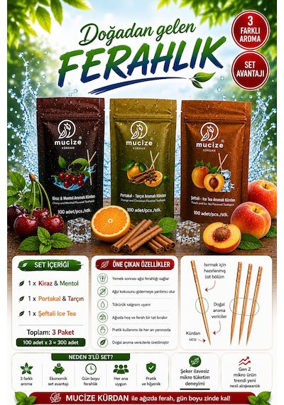 Mucize Aromalı Kürdan 3"lü Doypak Set Kiraz-mentol/portakal-tarçın/şeftali-buzlu Cay