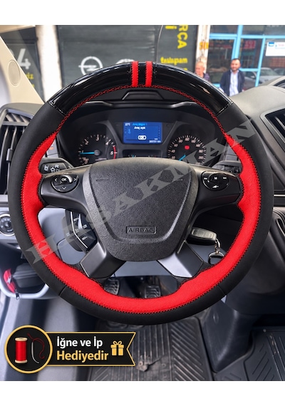 Ford Transit Custom Dikme Direksiyon Kılıfı Parlak Siyah Kırmızı Detaylı Kırmızı Çift Yüzük Ve Dikiş 2014+