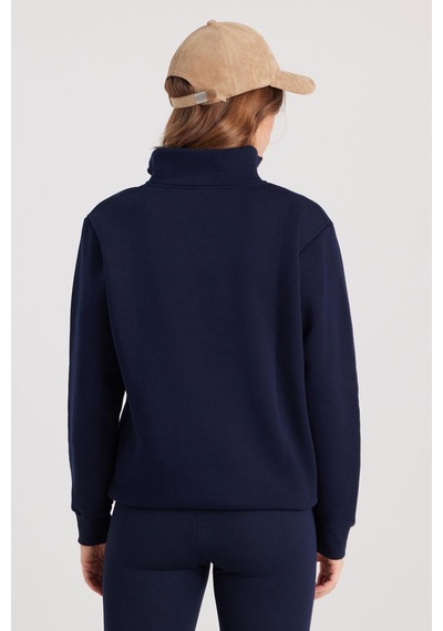 Tudors Kadın Relax Fit Rahat Kesim Pamuklu İçi Polarlı Yarım Fermuarlı Lacivert Dik Yaka Sweatshirt-37891 Lacivert