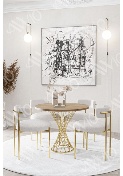 Avvio Lisa Mat Gold Teddy Sandalye 90x90 Yuvarlak Yemek Masası Mutfak Masası Masa Sandalye Takımı Akça