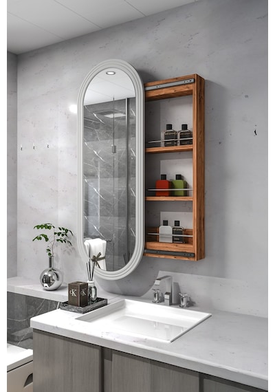 Çok Amaçlı Aynalı Takı Dolabı Mdf Kapak - Çam - Oval Çerçeve