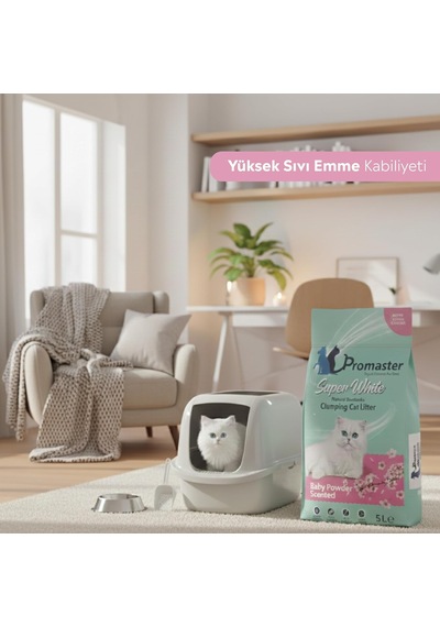 Süper Beyaz Doğal Bentonit Topaklanan Kedi Kumu Bebek Pudrası Kokulu 5 Lt