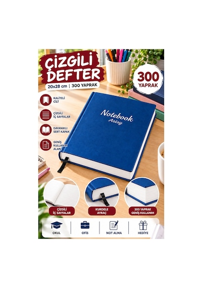 Ciltli Çizgili Defter 300 Yaprak 20x28cm 1 Adet Çok Yapraklı Sert Kapaklı Not Hesap Defteri Okul Ofis Büro Mavi