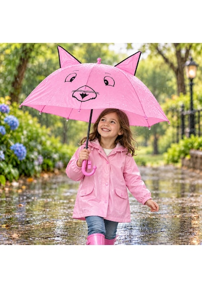 Mubx Kedi Kulaklı Çocuk Şemsiyesi 76 Cm Çap Sevimli Figürlü Düdüklü Yağmur Şemsiyesi Açık Pembe