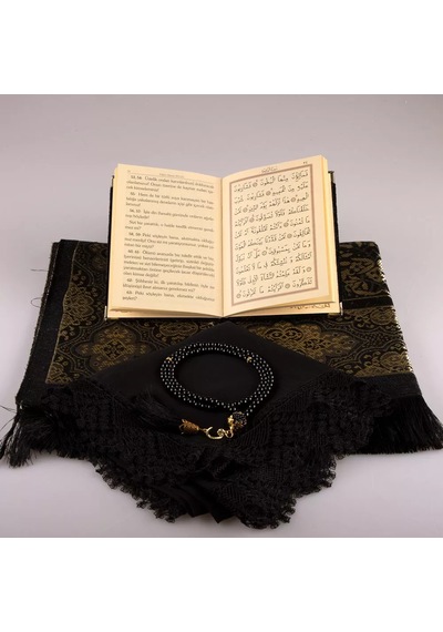 Şal + Seccade + Tesbih + Yasin Hediye Seti Çanta Boy, Şems Lafzatullah, Raşel Cilt, Siyah