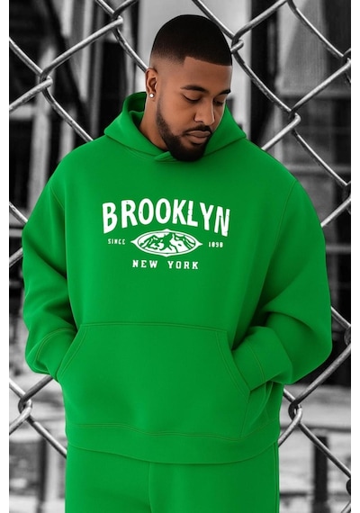 Benroma 3 İplik Penye Brooklyn Baskılı Büyük Beden Sweatshırt Yeşil