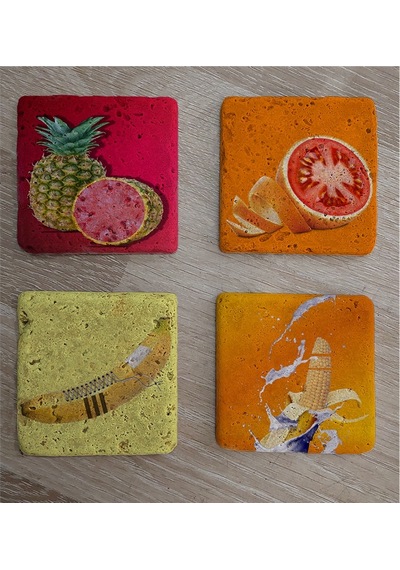 İlüstrasyon Meyve Manipülasyon Doğal Taş Bardak Altlığı 4'lü Set - Natural Stone Coasters - Taş Çok Renkli