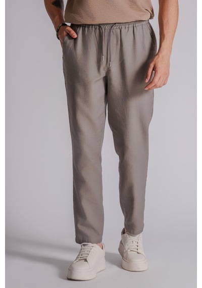Erkek Yandan Cepli Beli Lastikli Keten Dokulu Relaxed Fit Jogger Pantolon Haki Haki