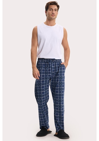 Tudors Erkek Standart Fit Normal Kesim Pamuklu Kareli Beli Bağcıklı Cepli Lacivert Pijama Altı-51261