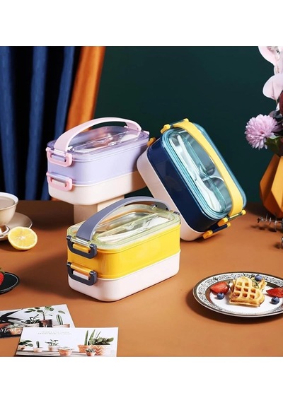 1600ml Lunchbox 2 Katlı Çelik Sefer Tası Yemek Kutusu Mor Açık