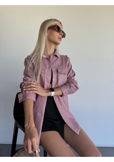Kadın Pembe Oversize Düz Kesim Deri Ceket Pembe