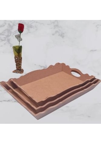 Hobi Dekoratif Model Üçlü Tepsi Seti Dalgalı Kenar Ahşap HAM MDF El Yapımı