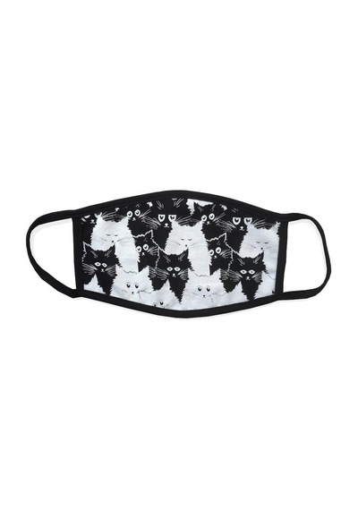 Bant Kedi Desenli Pamuklu Yıkanabilir Maske Beyaz - Siyah