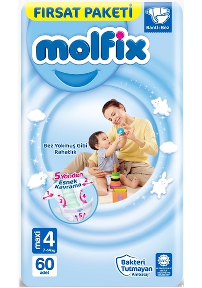 Molfix Bebek Bezi Beden:4 7-14kg Maxi 180 Adet Aylık Fırsat Pk 4 Numara