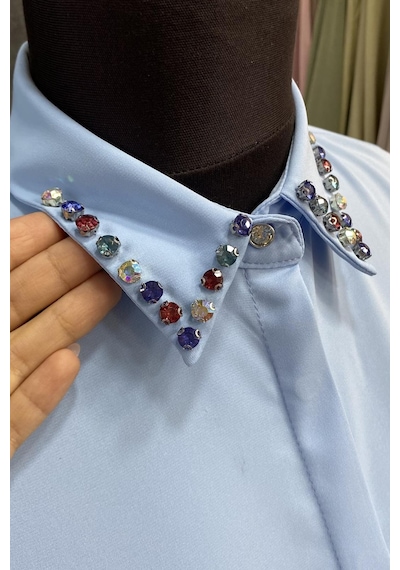 Pera Moda Yakası Taşlı Basic İç Göstermeyen Şık Gömlek Bebe Mavisi