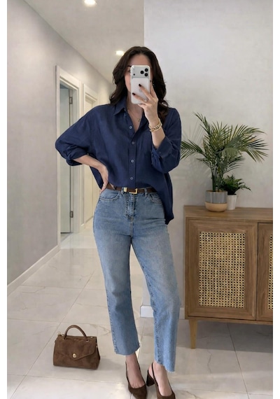 Lijuri Siyah Oversize Keten Gömlek 3510 Lacivert
