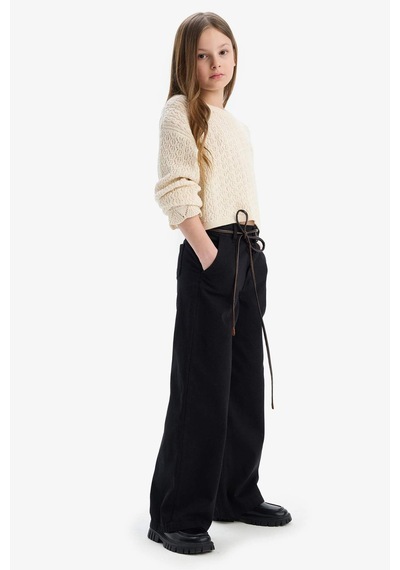 DeFacto Kız Çocuk Wide Leg Geniş Paça Pamuklu Pantolon D9133A825SPBK27 Siyah