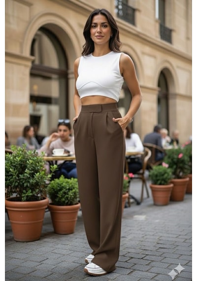 Unika Boutique Siyah Likralı Plazzo Kumaş Pantolon Cırt Kapamalı Rahat Kesim Kahverengi