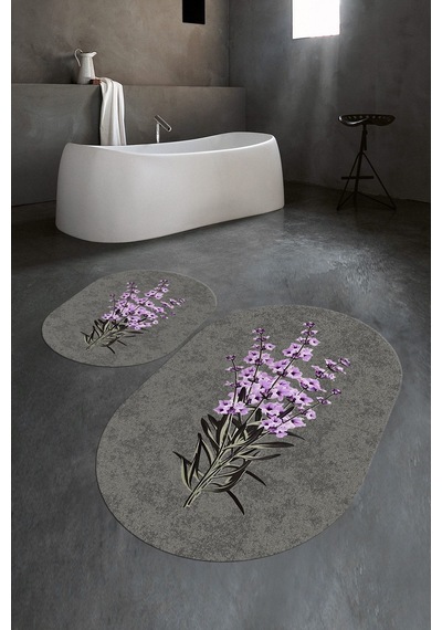 Buççin Online Mağaza Dijital Baskılı Kaymaz Taban Yıkanabilir Oval Banyo Takımı Klozet Takımı Polyester Gri Çok Renkli