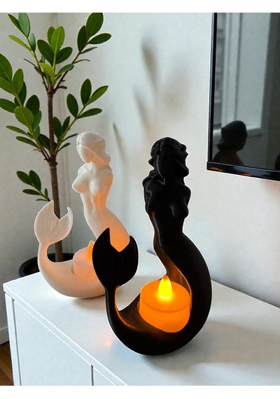 Deniz Kızı Tealight Mumluk 2 Li Siyah Beyaz Dekoratif Figür Ev Ofis Masaüstü Aksesuarı