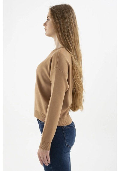 Fashion Frends Kadın Düşük Omuzlu Kazak Bej