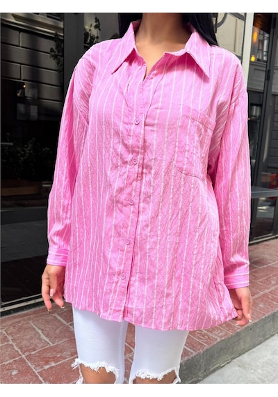 WeShaya Pembe Çizgili Oversize Düğmeli Gömlek Pembe