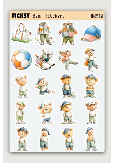 Sevimli Sporcu Ayıcık Sticker Seti - 20 Adet Etiket Çıkartma Diğer