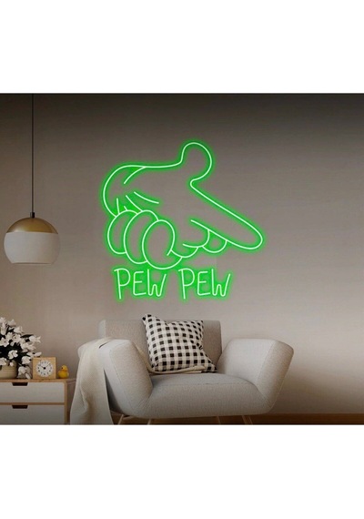 Pew Pew Yazılı Ve Şekilli Neon Tabela Yeşil