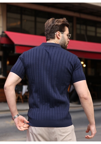 Lacivert Polo Yaka Slim Fit Triko Erkek Tişört E7465
