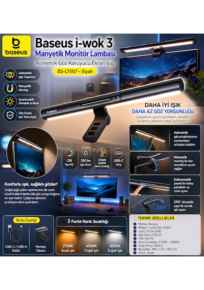 Baseus İ-wok 3 Manyetik Monitör Lambası Bs-lt007 Siyah Asimetrik Göz Koruyucu Ekran Işığı Usb-c 270 Ayarlanabilir 2700k-6000k