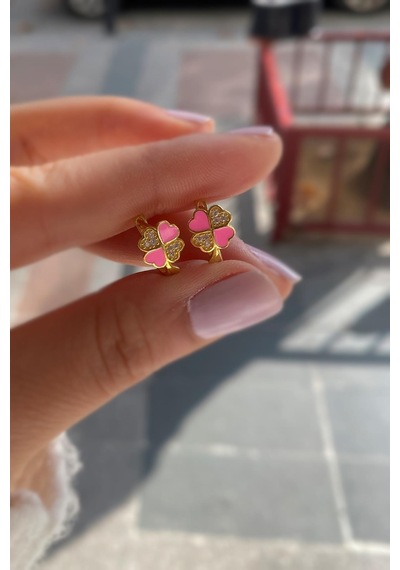 Gümüş Pembe Mineli Yonca Çocuk Küpesi Diğer