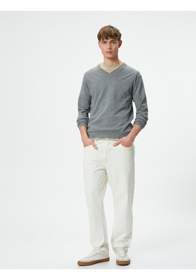 Koton V Yaka Kazak Triko Slim Fit Uzun Kollu Gri 4WAM70116HT031 Gri