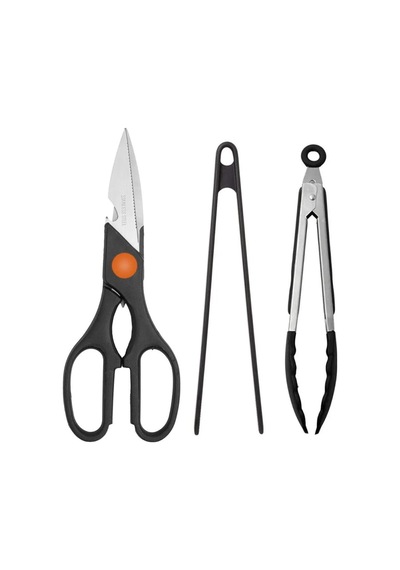 3 Lü Mutfak Seti Mutfak Makası + Silikon Kızartma Maşası 29 Cm + Silikon Uçlu Çelik Maşa 23 Cm Siyah
