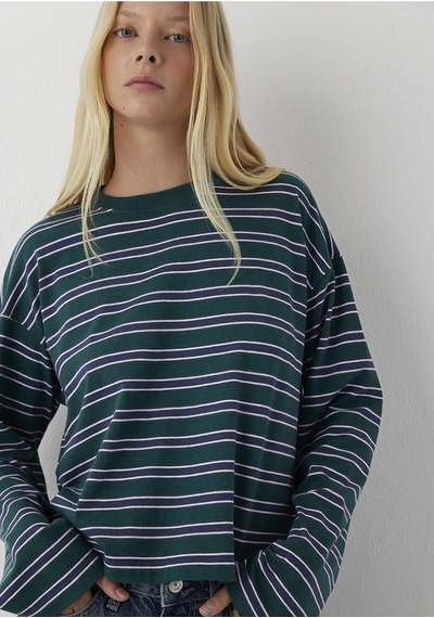 Mavi Uzun Kollu Basıc Tişört Sea Moss Stripe Yeşil