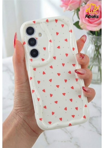 Galaxy Uyumlu A16 Kılıf Kamera Korumalı Dalga Kenarlı Kırmızı Kalp Desenli Silikon Kapak