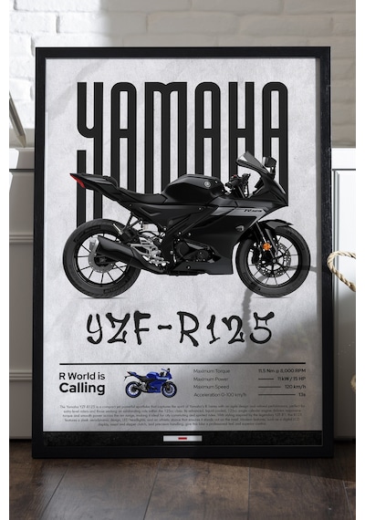 Yamaha Yzf-r125 Siyah Ahşap Çerçeveli Poster, Dekoratif Motosiklet Duvar Tablosu